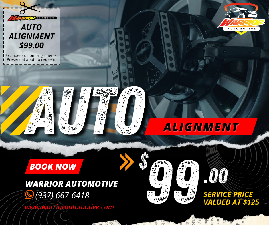 Promotional banner for Warrior Automotive: Auto Alignment for $99.00 with contact info and bold yellow/white graphics.
